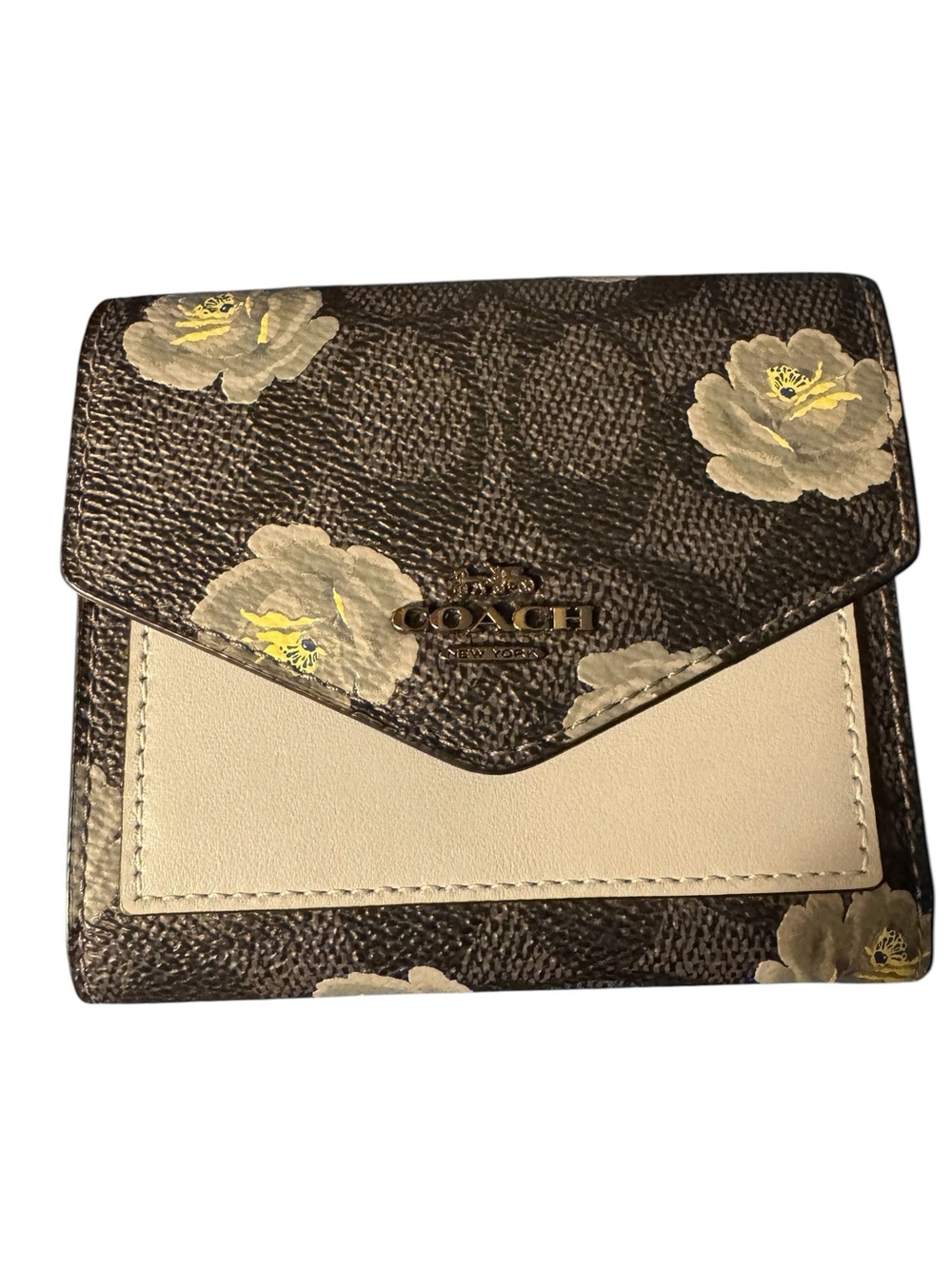 COACH Small Trifold Wallet Gray/Light Blue Floral Pebbled Leather #58298